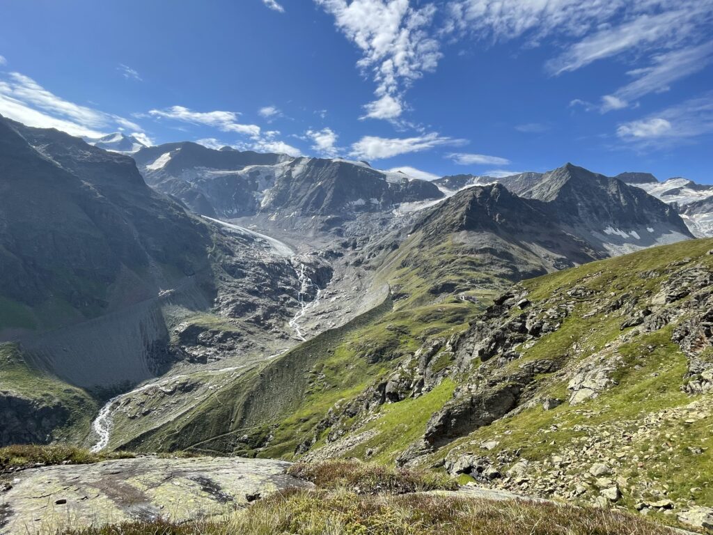 Foto mit Blick in das Taschachtal mit Gletschern der Ötztaler Alpen im Hintergrund. Aufgenommen von Lukas Prandstätter (BOKU). 